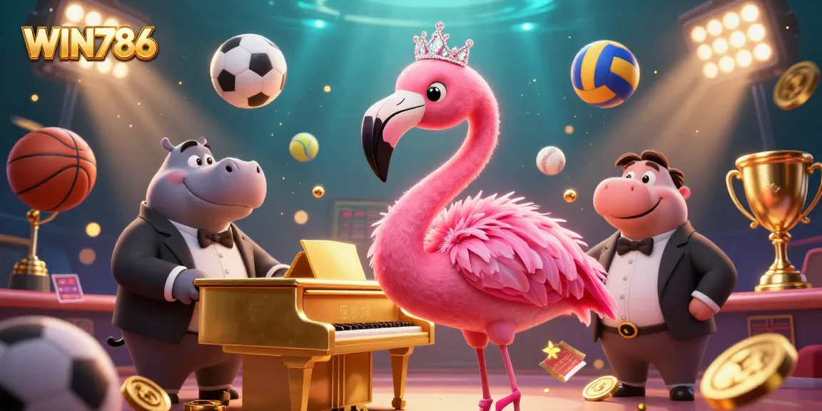 Experience thrilling sports action at WIN786 with a vibrant illustration capturing a flamingo pianist, hippo bassist, and dynamic betting elements.