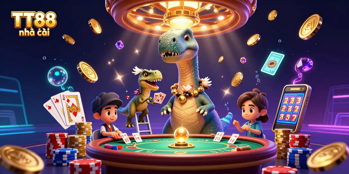 Experience the excitement at TT88 nhà cái with vibrant casino games and dynamic characters in a 3D illustration.