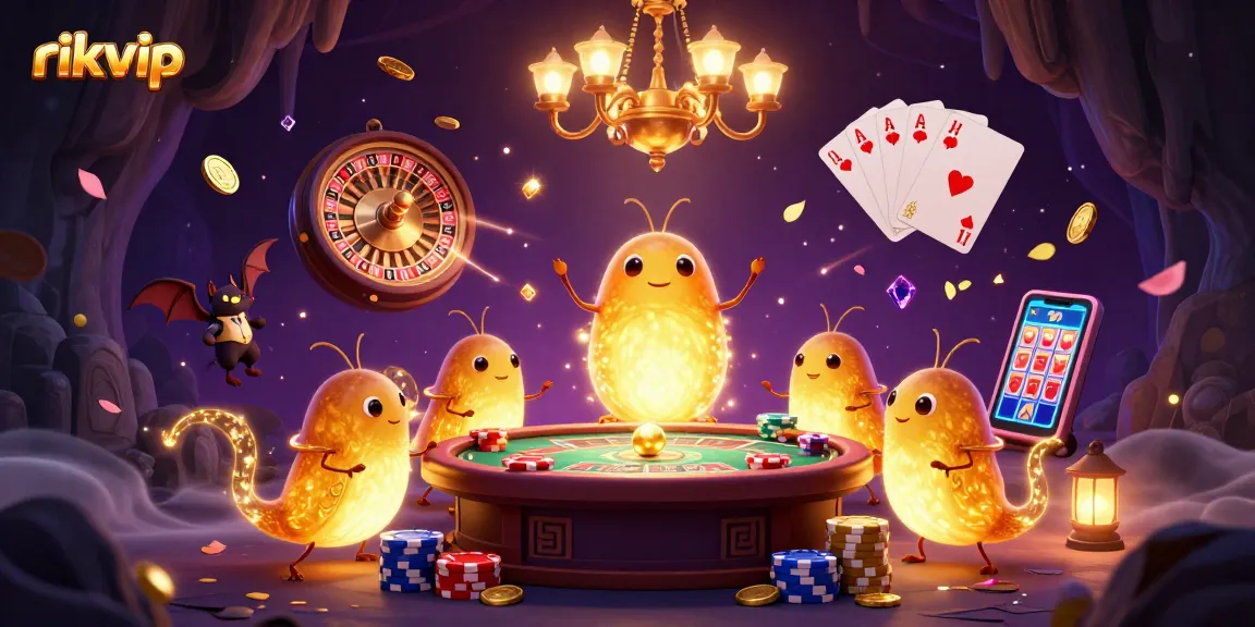 Experience the thrill of gambling at rikvip with illuminating glowworms and a bat dealer in a lively 3D casino scene.