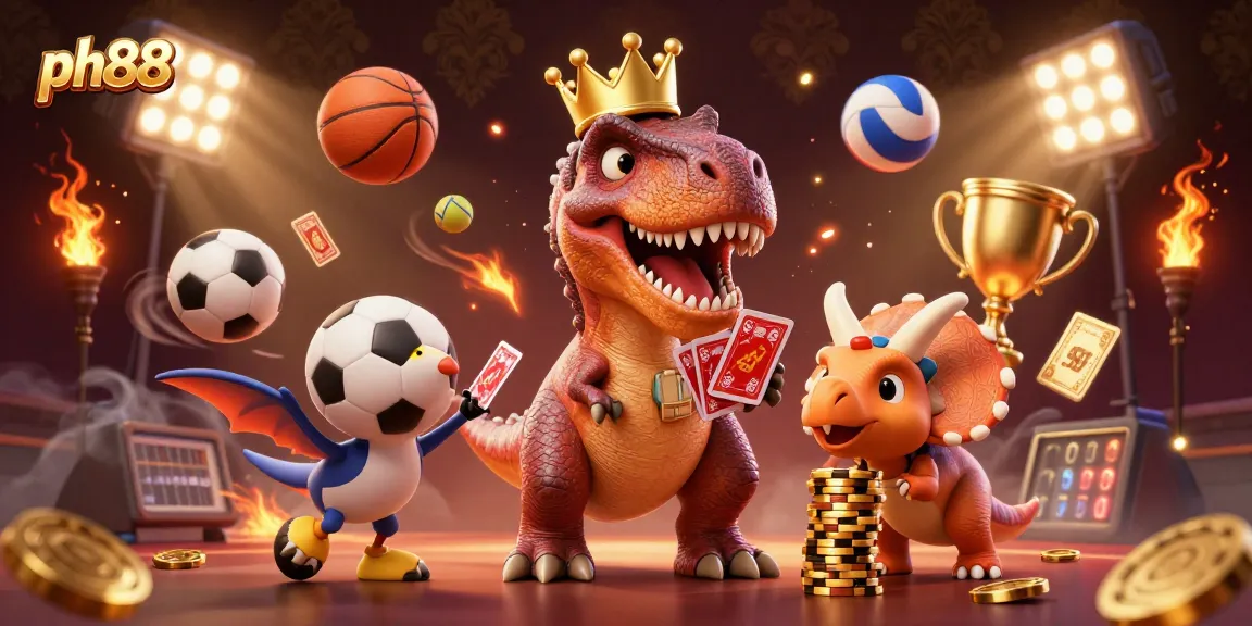 ph88 engaging gaming scene with a friendly T-Rex shuffling cards, dynamic sports elements around