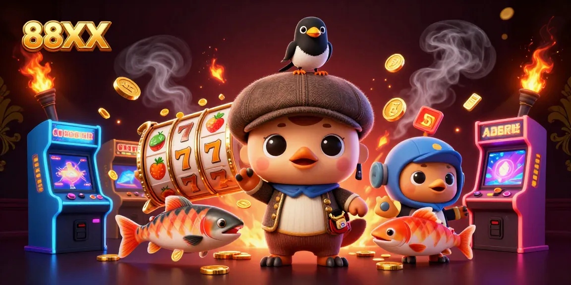 Play thrilling slot games at 88XX with colorful reels and golden coins in a lively casino setting.