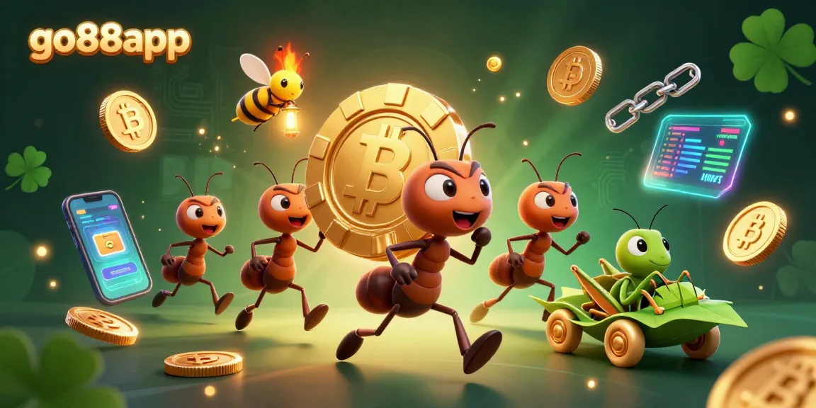 Engage in action with the go88app as 3D ants heist golden poker chips amidst vibrant cryptocurrency elements.