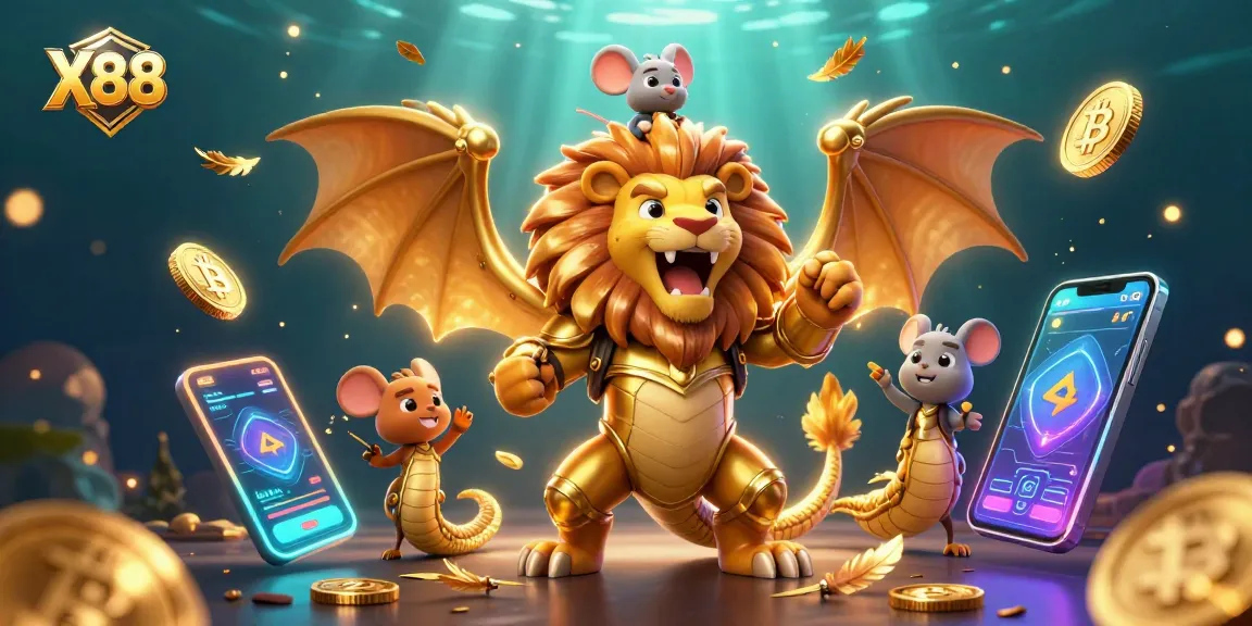 Join the thrilling action at X88 with a roaring chimera and crypto coins illuminating the scene.