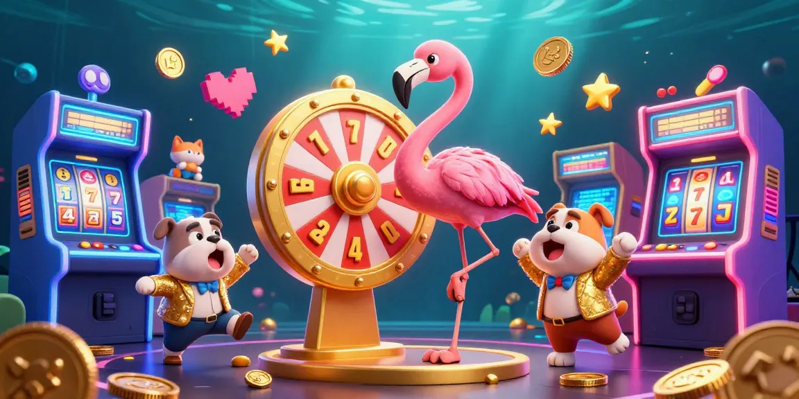 Engage in thrilling gaming at tx88 as the flamingo host spins the prize wheel amidst vibrant casino elements.