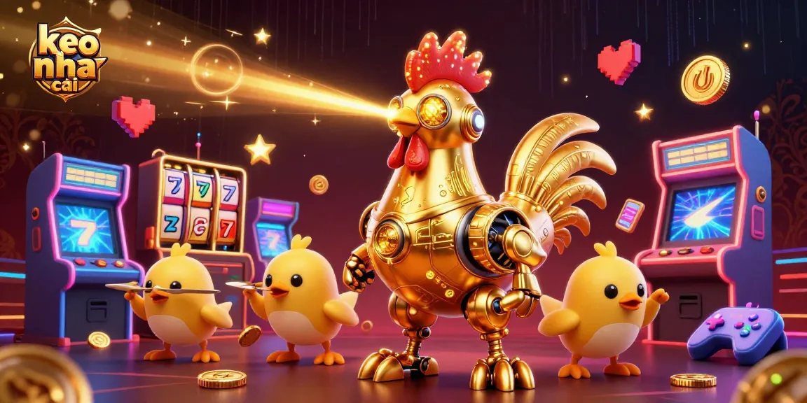 Engage with keo nha cai through vibrant 3D illustration featuring a golden rooster robot and casino elements.