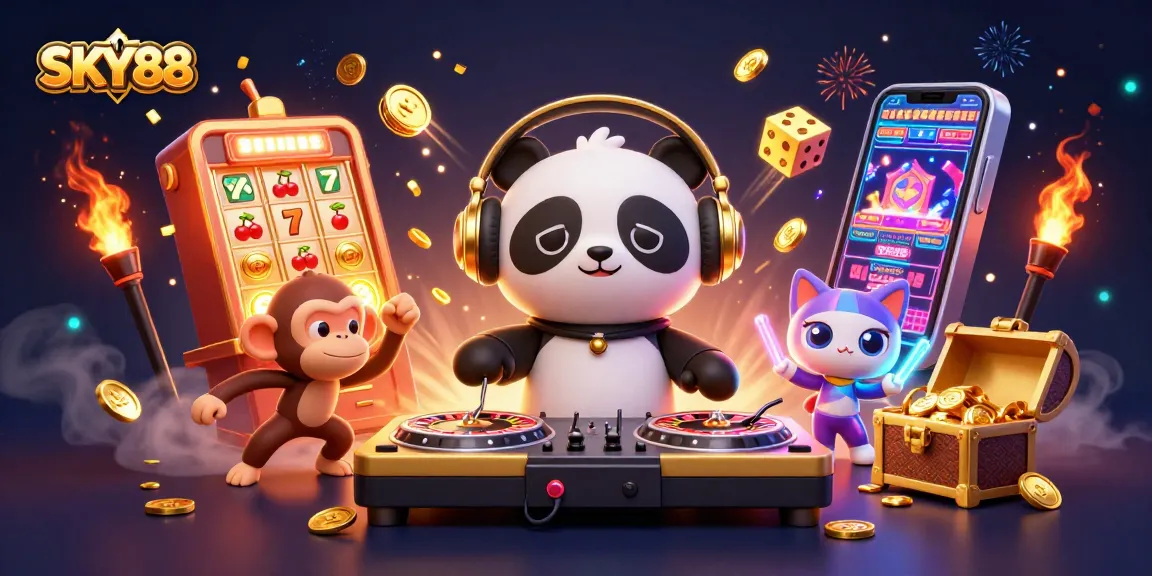 Engaging representation of SKY88 with a DJ panda in a casino scene featuring thrilling games and vibrant imagery.