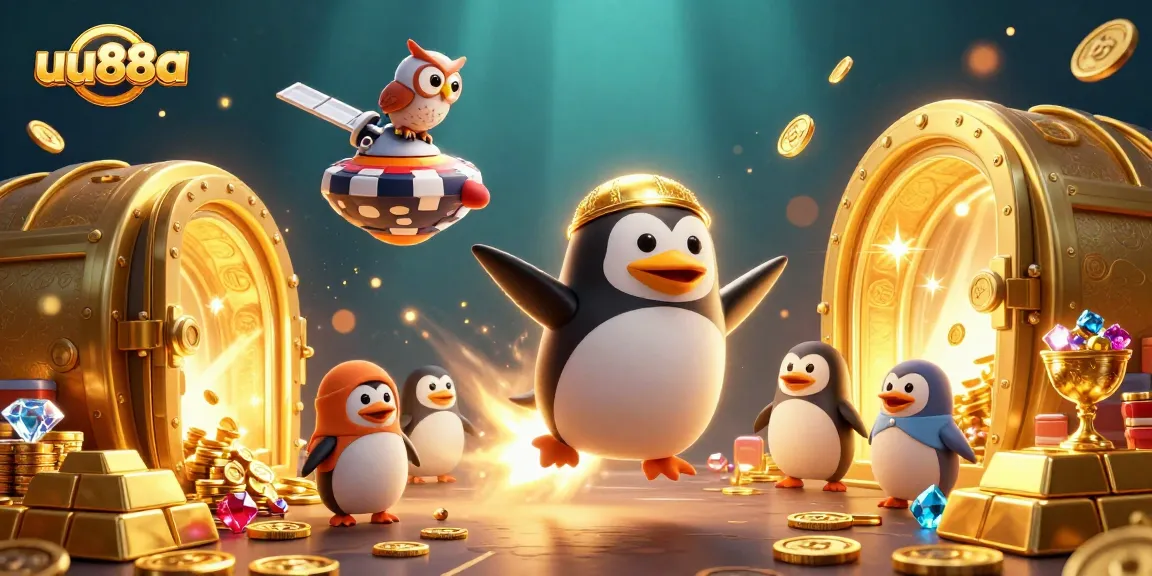 Experience fun with uu88a featuring a golden penguin and casino elements in a dynamic 3D scene.