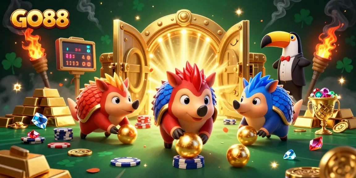 Engage the excitement at GO88 by rolling golden balls amid poker chips in a vibrant casino-themed illustration.