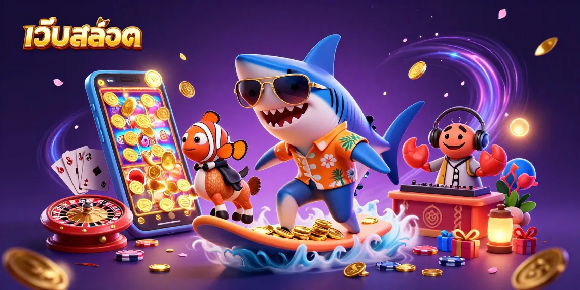Enjoy thrilling เว็บสล็อต action with a shark, clownfish, and DJ crab amidst a gold coin wave in this vibrant casino scene.