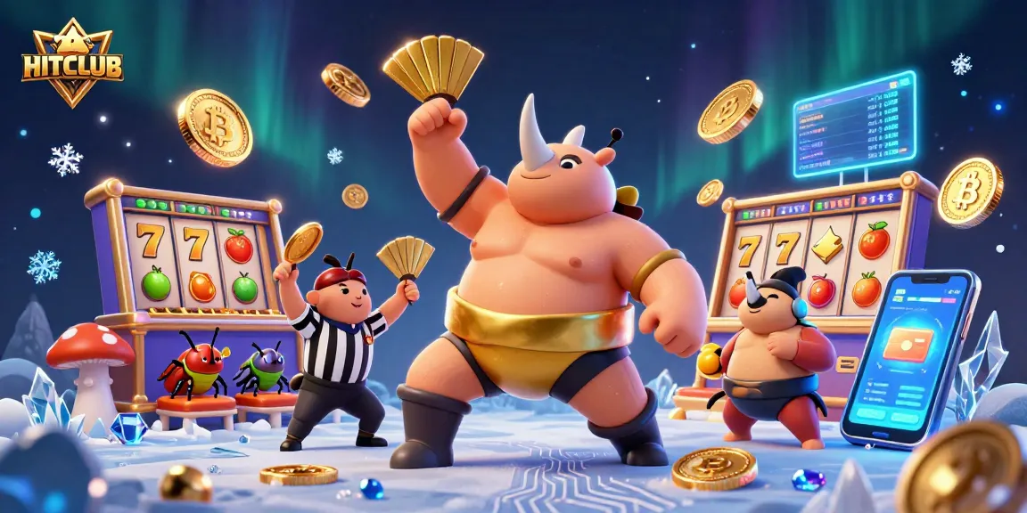 Experience HITCLUB with a thrilling 3D illustration of a sumo beetle champion amidst slot machines and gold coins.