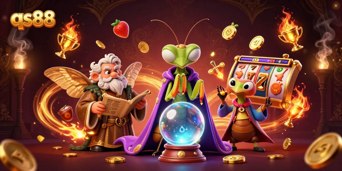 qs88 transports players into a vibrant world of slots and jackpots, showcasing a mystical fortune teller and captivating casino elements.