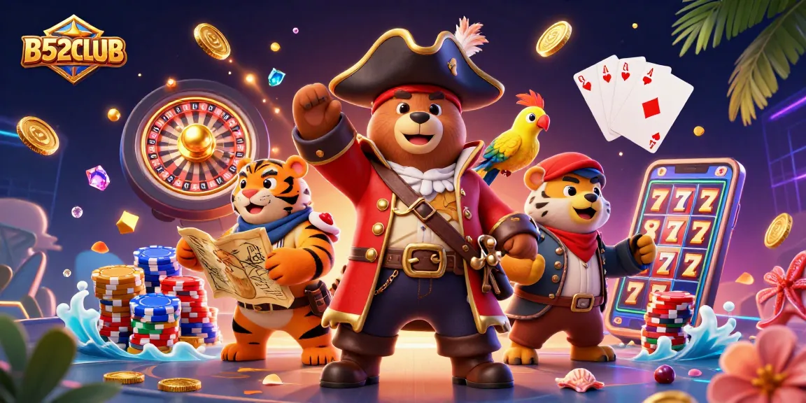 Experience B52CLUB's thrilling adventure with a vibrant pirate scene full of treasure.