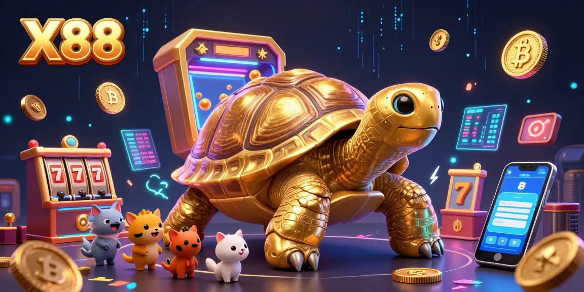 X88 showcases thrilling casino action with a vibrant pinball tortoise next to crypto elements.