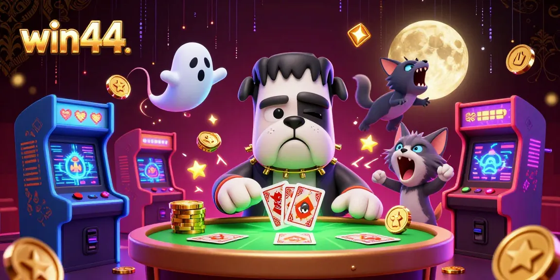 Win44 engages players with thrilling casino atmosphere featuring cartoon characters and vibrant gaming elements.