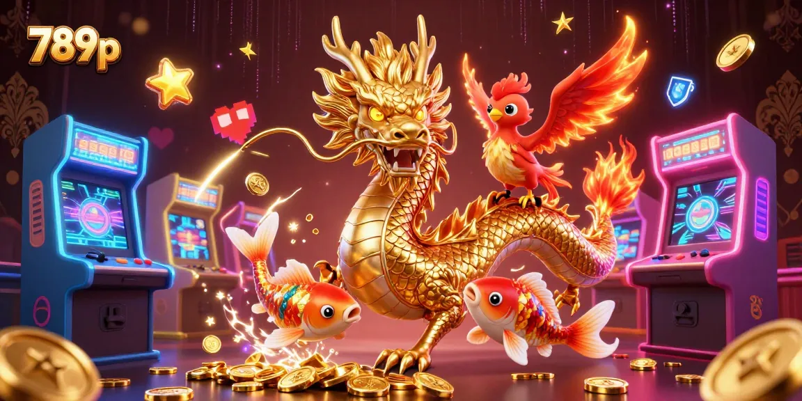 Engage with 789p's thrilling casino experience featuring a golden dragon, phoenix, and koi amidst gaming excitement.