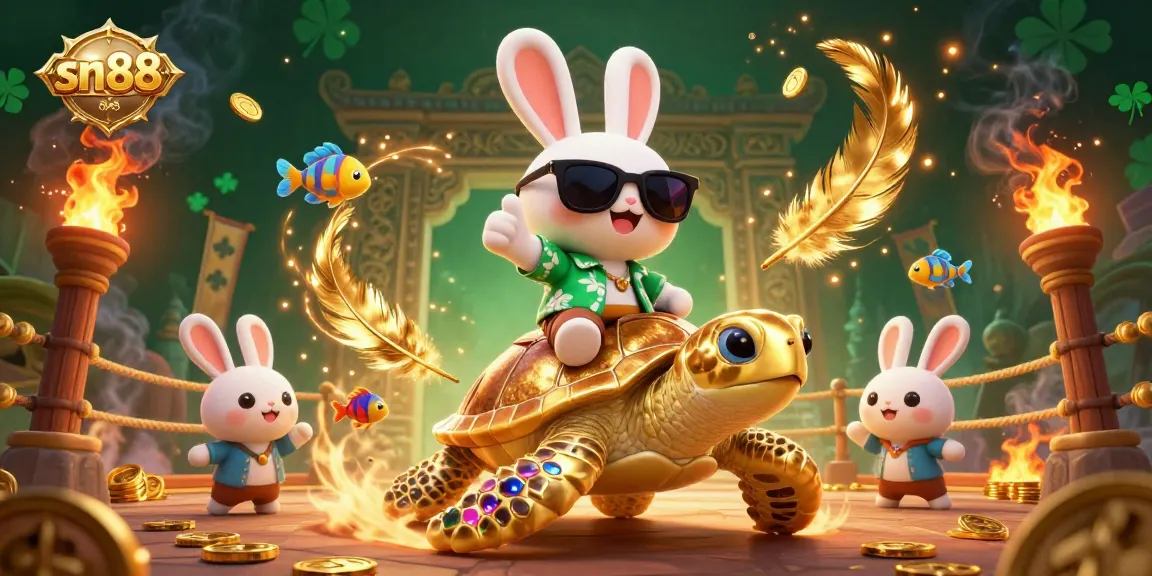 Join the fun at sn88 with the lucky rabbit and golden turtle in a vibrant casino adventure.