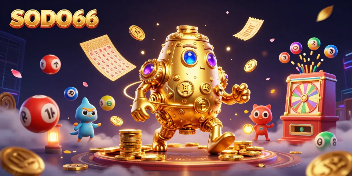 Join exciting games at SODO66, showcasing a 3D golden golem and vibrant lottery action for players.