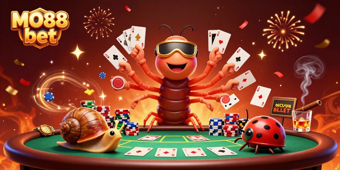 Experience the excitement of MO88 bet with vibrant casino characters at a poker table.