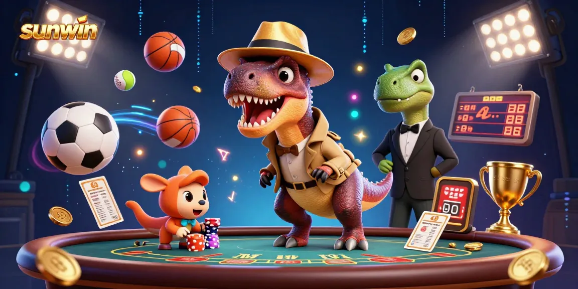 Experience the excitement of Sunwin with a whimsical 3D scene featuring a velociraptor card counter and stegosaurus pit boss.