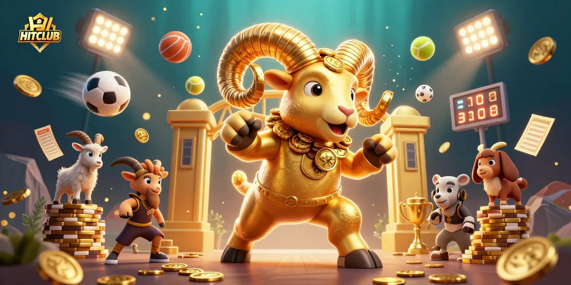 HITCLUB showcases a golden ram charging through a vibrant casino, celebrating rich gaming experiences.