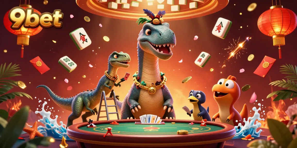 Experience the vibrant world of 9bet with a whimsical casino scene featuring a giant dinosaur dealer.