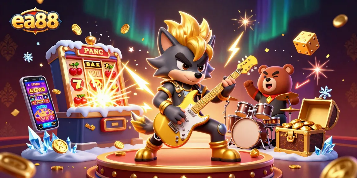 Exciting ea88 casino scene with a rock star wolf and drummer bear, showcasing slot machines and jackpots