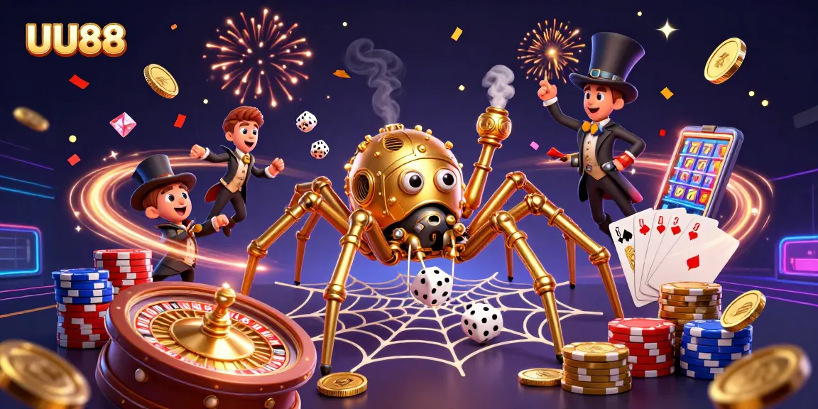 Experience the thrilling action at UU88 as the steampunk spider spins its winning web in a vibrant casino scene.
