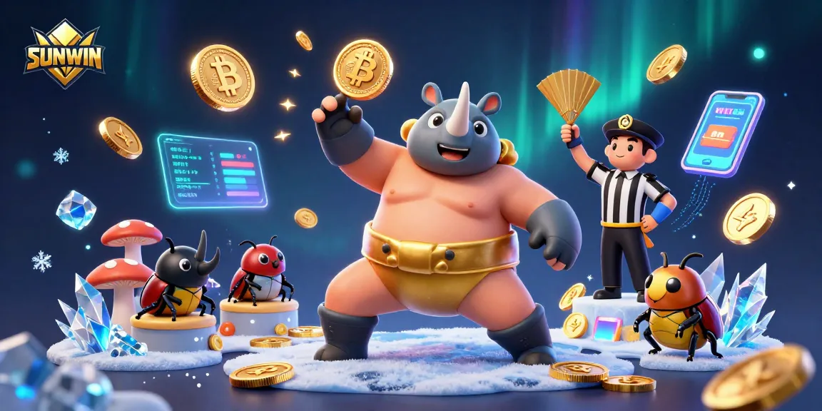 SUNWIN online gaming platform showcases 3D cartoon beetle characters in an energetic casino scene of flying coins and crypto elements.