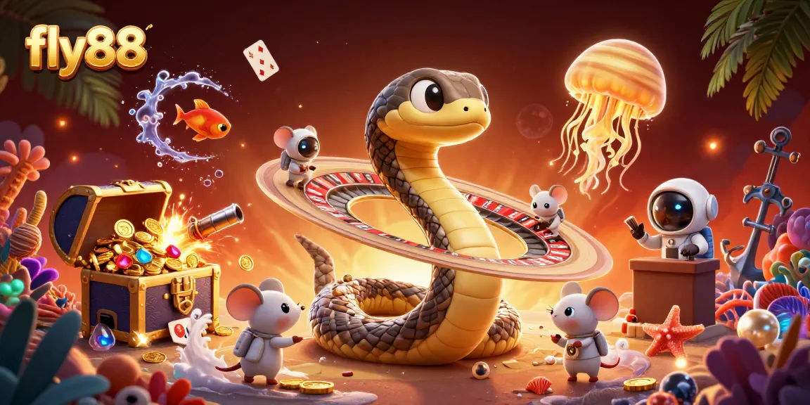 Bet on the fly88 roulette with a Saturn snake as the dealer in a vibrant casino scene.