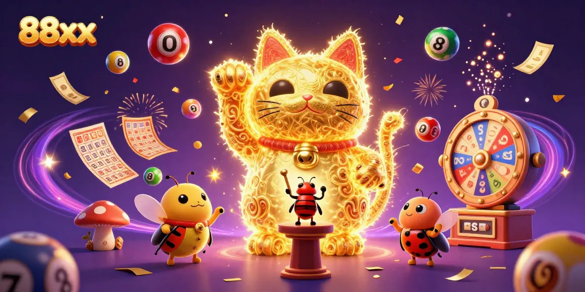 Experience excitement with 88xx as golden fireflies morph into a lucky cat amidst vibrant casino elements.