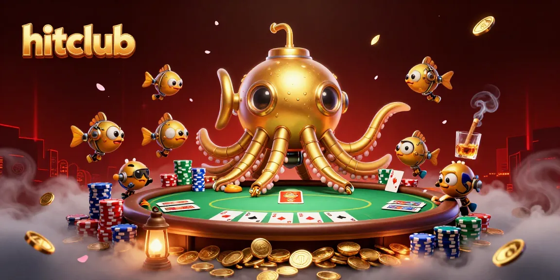 Experience thrilling gameplay at hitclub with the golden kraken submarine navigating poker chips and cards.