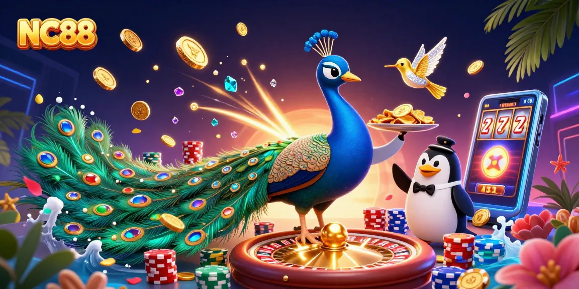 Experience thrilling gaming at NC88 with a colorful 3D casino scene featuring a peacock, penguin, and hummingbird.