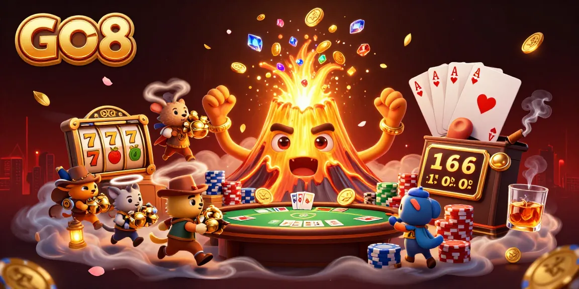 Experience thrilling gaming at GO8 with vibrant jackpot symbols and a victorious volcano illustration.