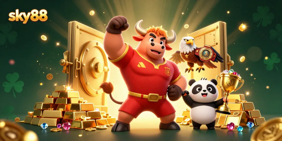 Join the excitement at sky88 with a victory pose from our mascot amidst a treasure-filled casino scene.