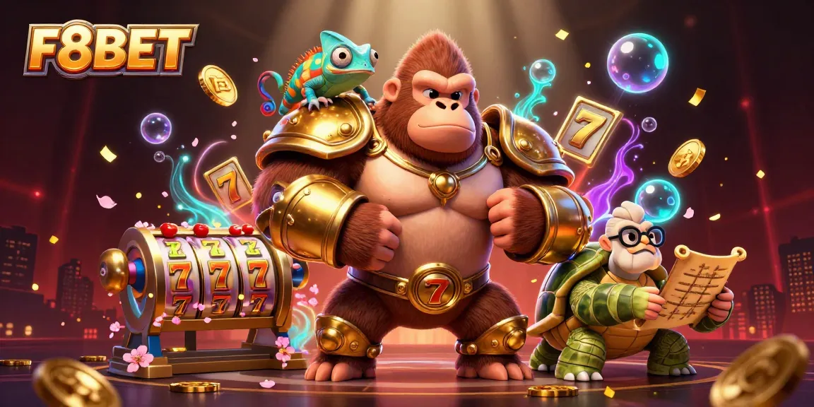 Experience thrilling gameplay at F8BET with a dynamic 3D illustration showcasing vibrant slot reels and casino excitement.