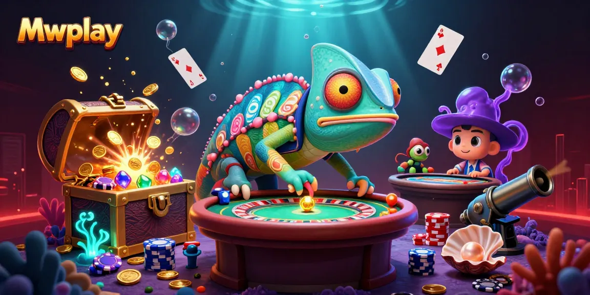 Experience the vibrant action of Mwplay’s casino with a chameleon character snapping up coins amid rich gaming elements.