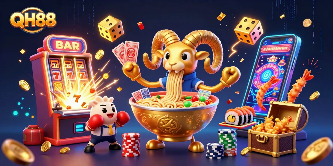 Join QH88 for an exciting online casino experience with vibrant cartoon characters celebrating wins.