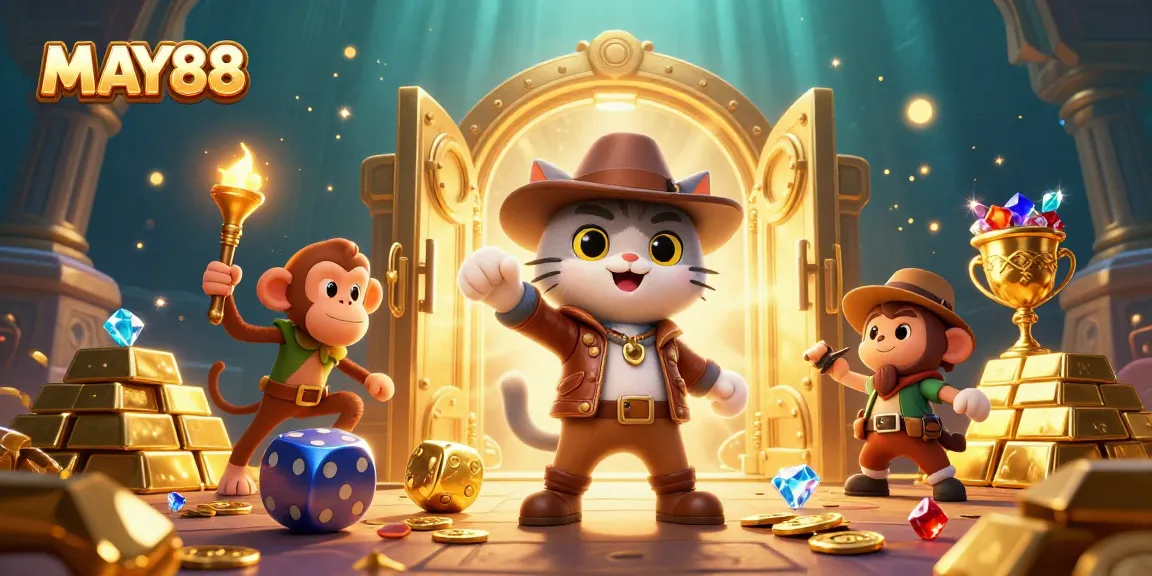MAY88 offers an electrifying casino adventure with a cat archaeologist and monkey, discovering treasures.