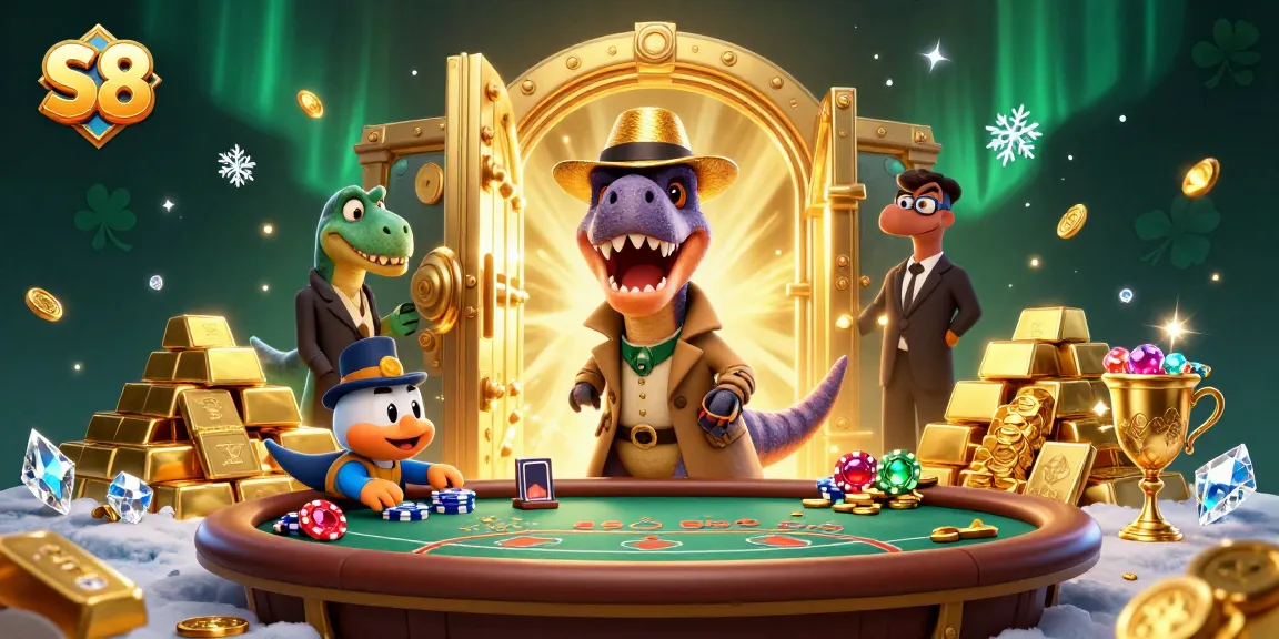 S8 offers thrilling casino action with a card counting velociraptor amidst gold and gems.