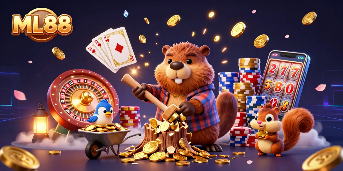 Experience the thrill of ML88 with games under a rain of golden coins and vibrant casino elements.