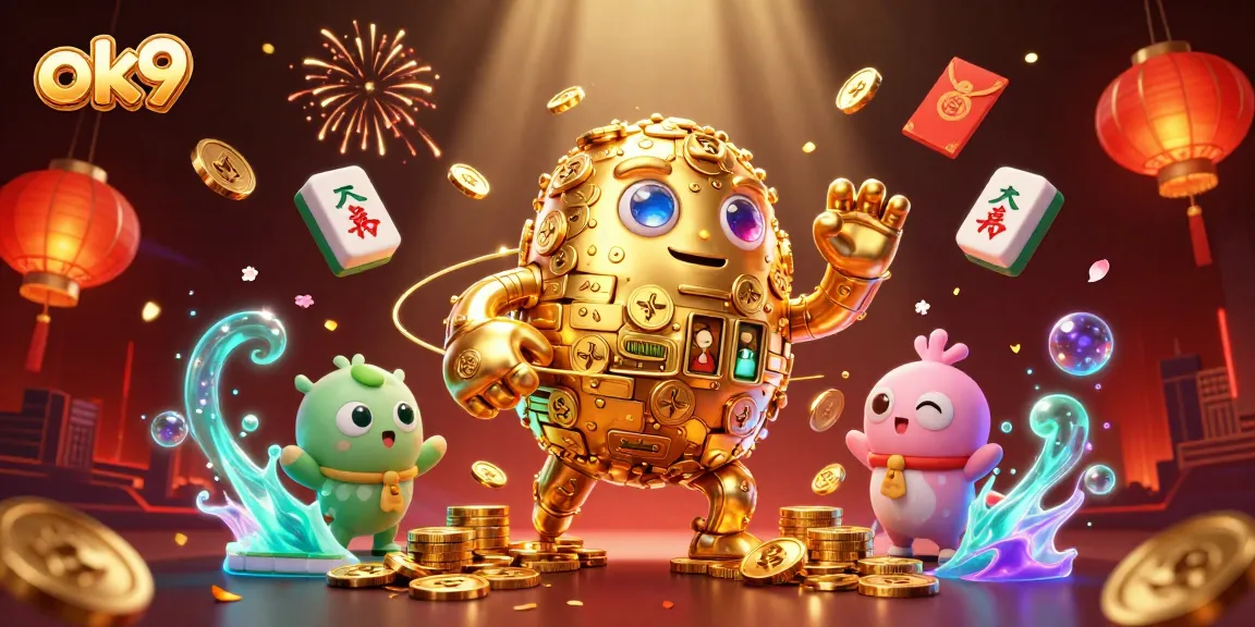 Ok9 thrills players with a vivid 3D casino illustration featuring a golden golem and dynamic elements.