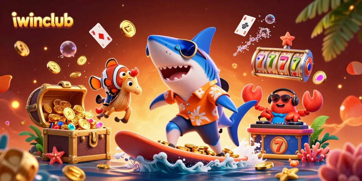 Join the fun at iwinclub with a surfing shark, seahorse, and DJ crab celebrating winnings in a vibrant underwater scene!