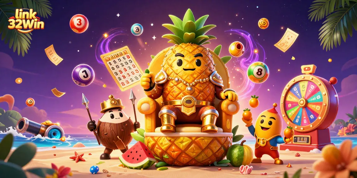 Experience thrilling games at link 32Win as colorful lottery balls and golden prizes fill the casino scene.