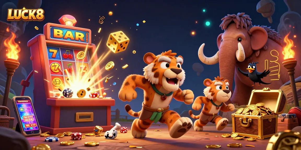 Join the excitement at LUCK8 with a vibrant casino scene depicting thrilling gaming elements and characters.