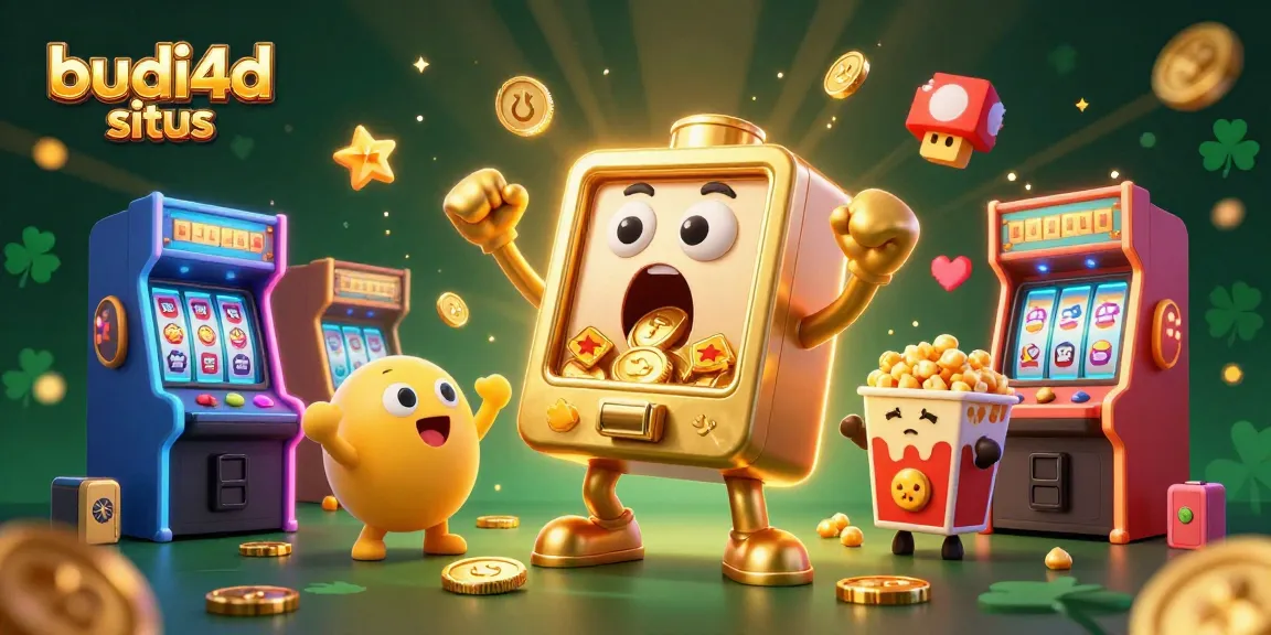 Witness the excitement of budi4d situs with gold coins pouring from a golden slot machine in a vibrant casino scene.