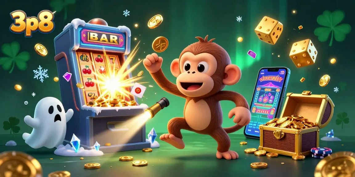 Watch the poltergeist monkey in 3p8 juggle casino treasures amidst a haunted gaming scene.