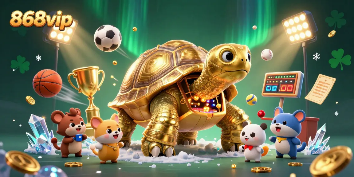 Experience the excitement of 868vip with a colorful 3D casino illustration filled with sports action.