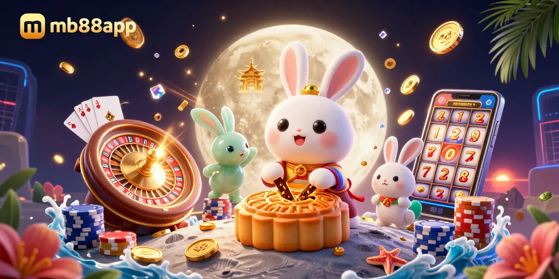 Experience the thrill with mb88app as the moon rabbit reveals poker chips in a vibrant 3D illustration.