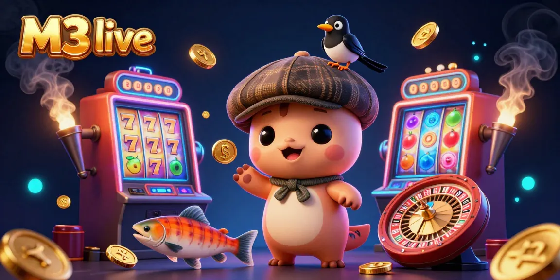 M3 live features engaging casino elements with cartoon Nessie, magpie, salmon, and slot machines.