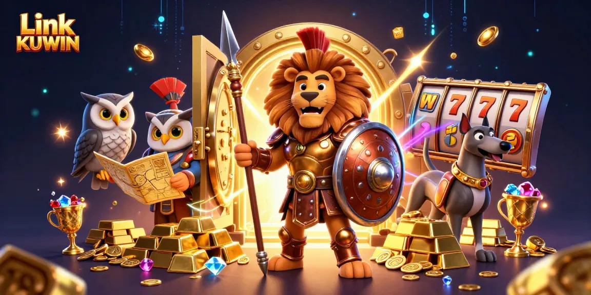 Link KUWIN showcases an exciting 3D casino scene with a heroic lion, owl strategist, and greyhound messenger.